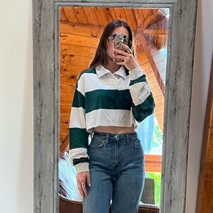 Green and White Striped Cropped Shirt